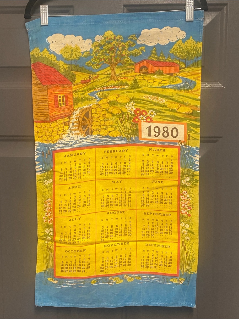 Vintage 1980 linen blend Calendar tea towel vibrant  colors Country Scene